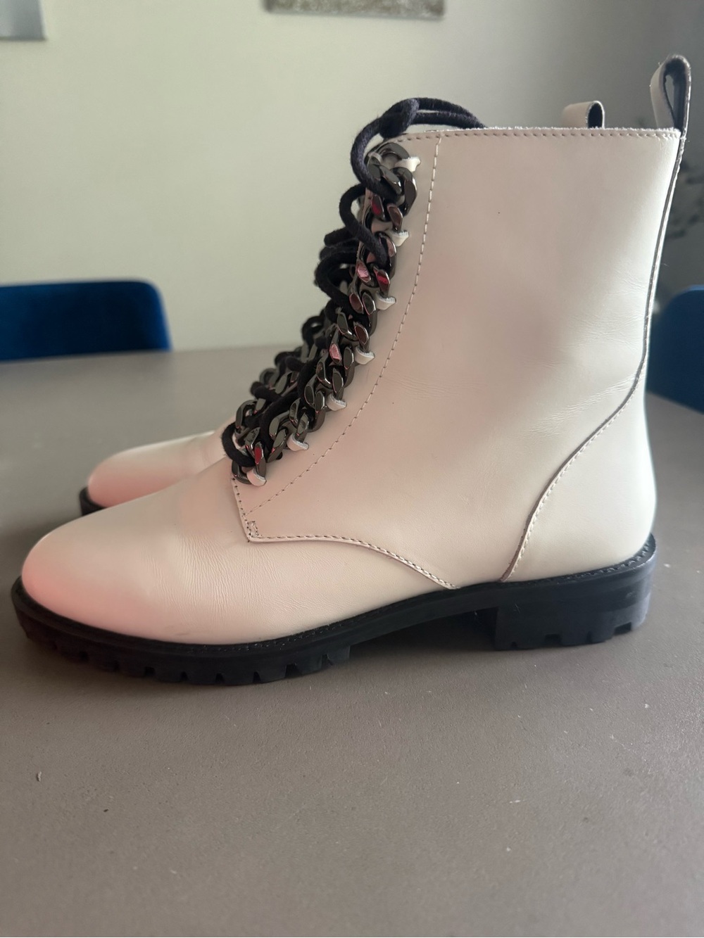Rebecca Minkoff White Lace-Up Combat Boots with Gunmetal Chain Accent and Laces